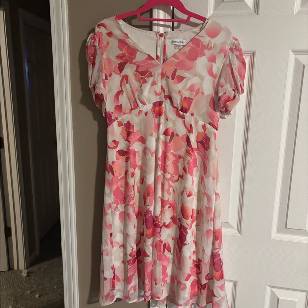 Calvin Klein Pink and Orange Puff Sleeve Sundress for Weddings